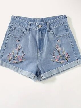 Embroidered Light Blue Denim High-Rise Shorts - Women's